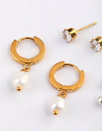 Waterproof Gold Plated Stainless Steel Cubic Zirconia Pearl Drop Huggie Earrings Pack - link has visual effect only