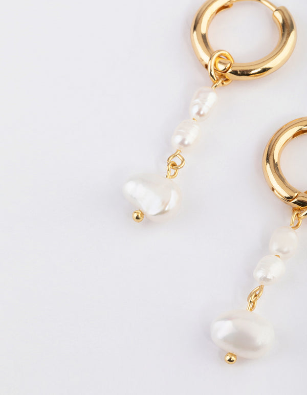 Gold Plated Stainless Steel Long Freshwater Pearl Drop Huggie Earrings