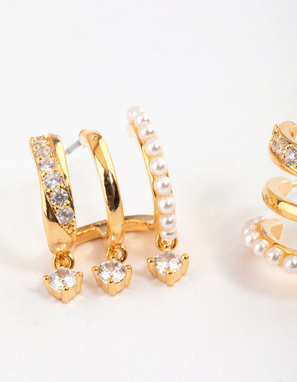 Gold Plated Trio Pearl Diamante Drop Earrings