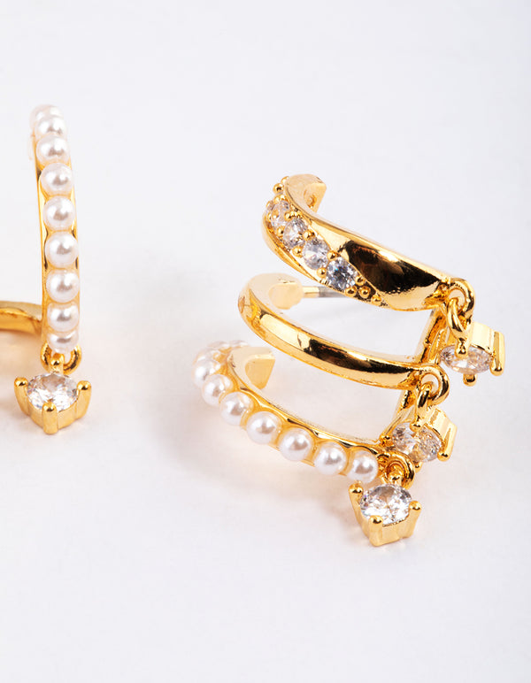 Gold Plated Trio Pearl Diamante Drop Earrings
