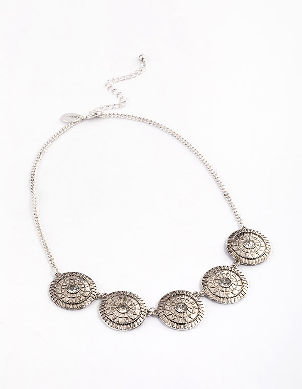 Antique Silver Diamante Pattern Disc Necklace