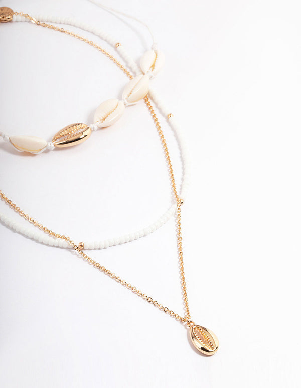 Gold Three Row Bead Shell Necklace