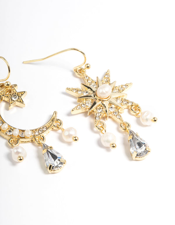Gold Plated Freshwater Pearl Star & Moon Earrings