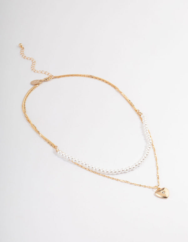 Gold Pearl Strand & Heart Layered Necklace