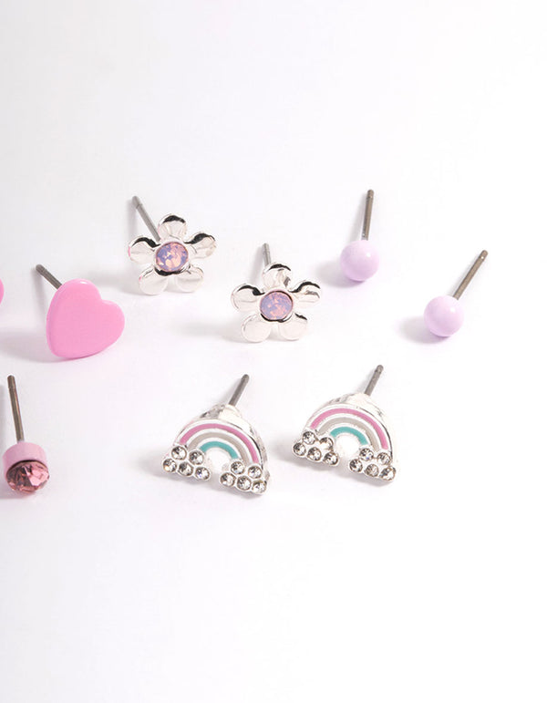 Kids Pink Heart Diamante Stud Earrings 6-Pack