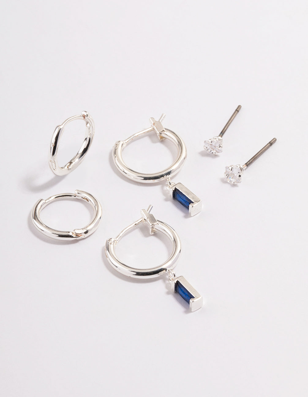 Silver Plated Brass  Cubic Zirconia Sapphire Cut Huggie Earrings 6-Pack