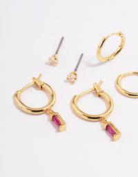Gold Plated Brass Cubic Zirconia Fuschia Cut Hoop Earrings 6-Pack - link has visual effect only