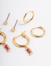 Gold Plated Brass Cubic Zirconia Fuschia Cut Hoop Earrings 6-Pack - link has visual effect only