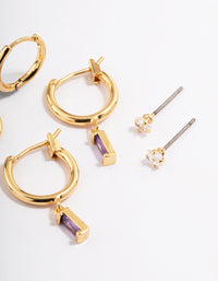 Gold Plated Brass Cubic Zirconia Amethyst Cut Huggie Earrings 6-Pack - link has visual effect only