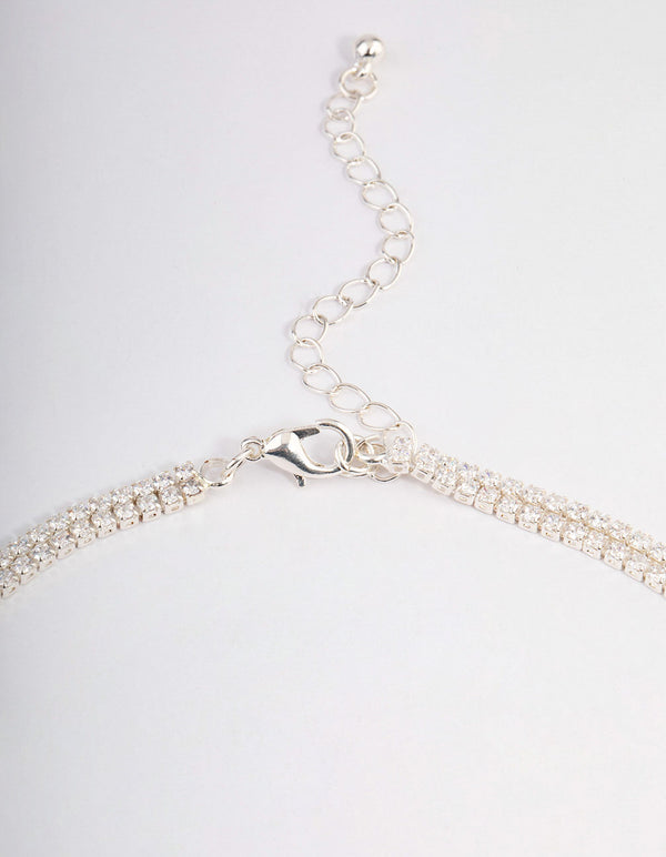 Silver Cubic Zirconia Double Row Spilt Y-Necklace