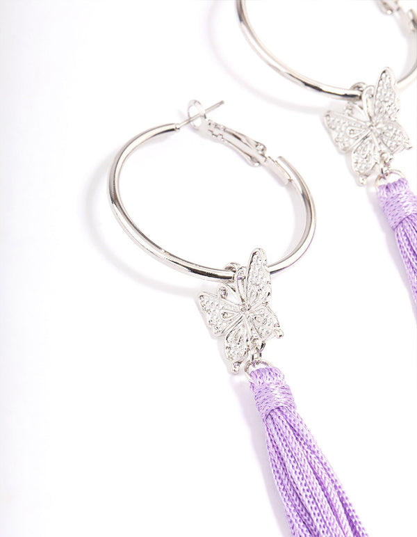 Silver Purple Flower Tassel Hoop Earrings