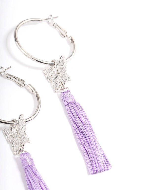 Silver Purple Flower Tassel Hoop Earrings