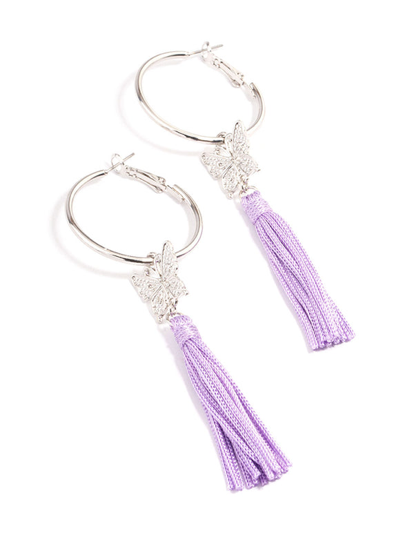 Silver Purple Flower Tassel Hoop Earrings