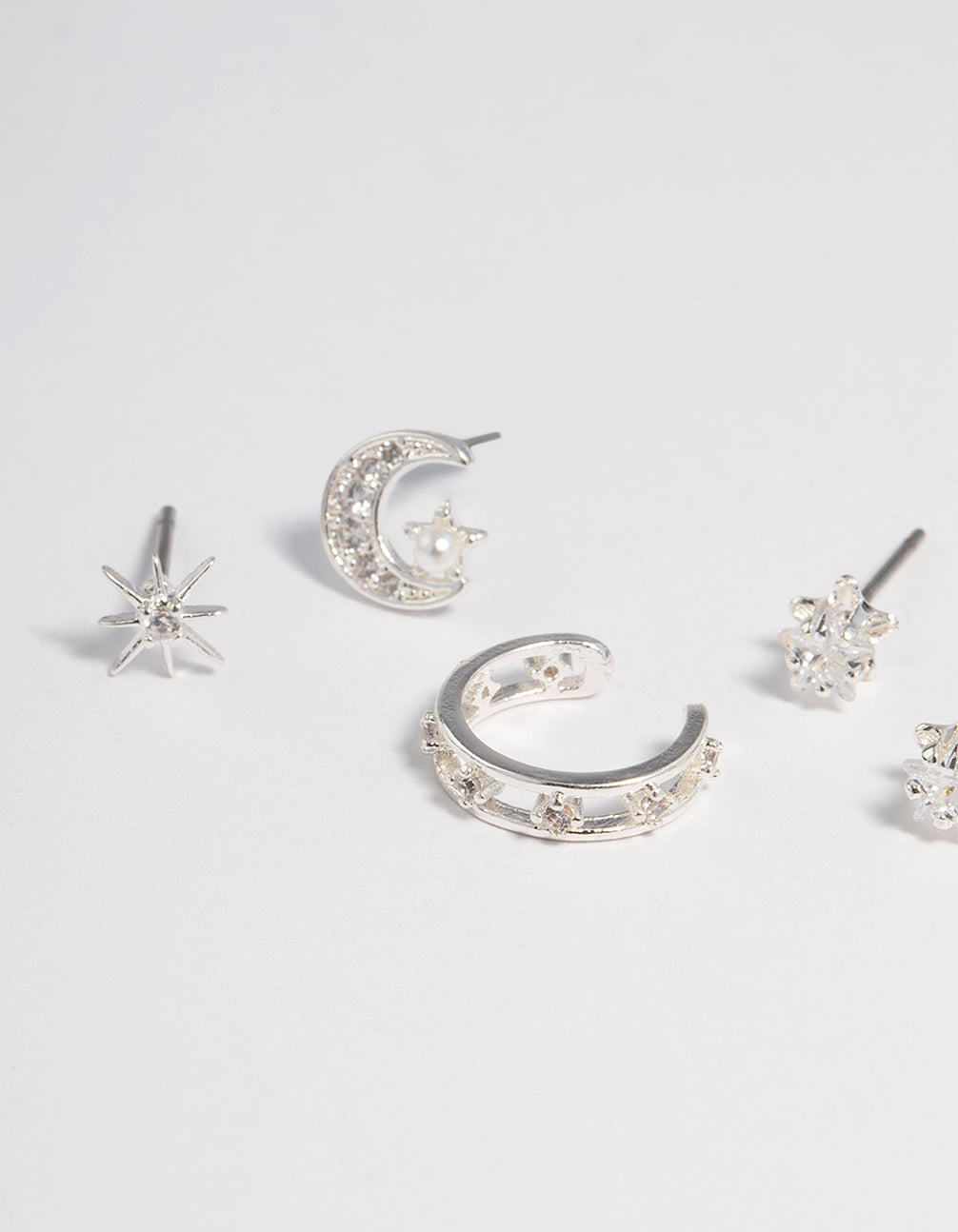 Silver Plated Cubic Zirconia Celestial Stud Earrings 6-Pack