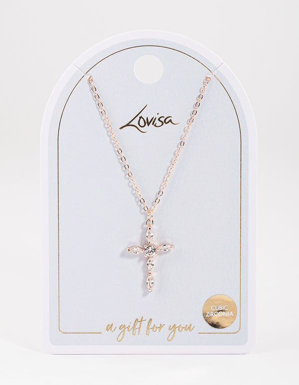Rose Gold Classic Diamante Cross Necklace