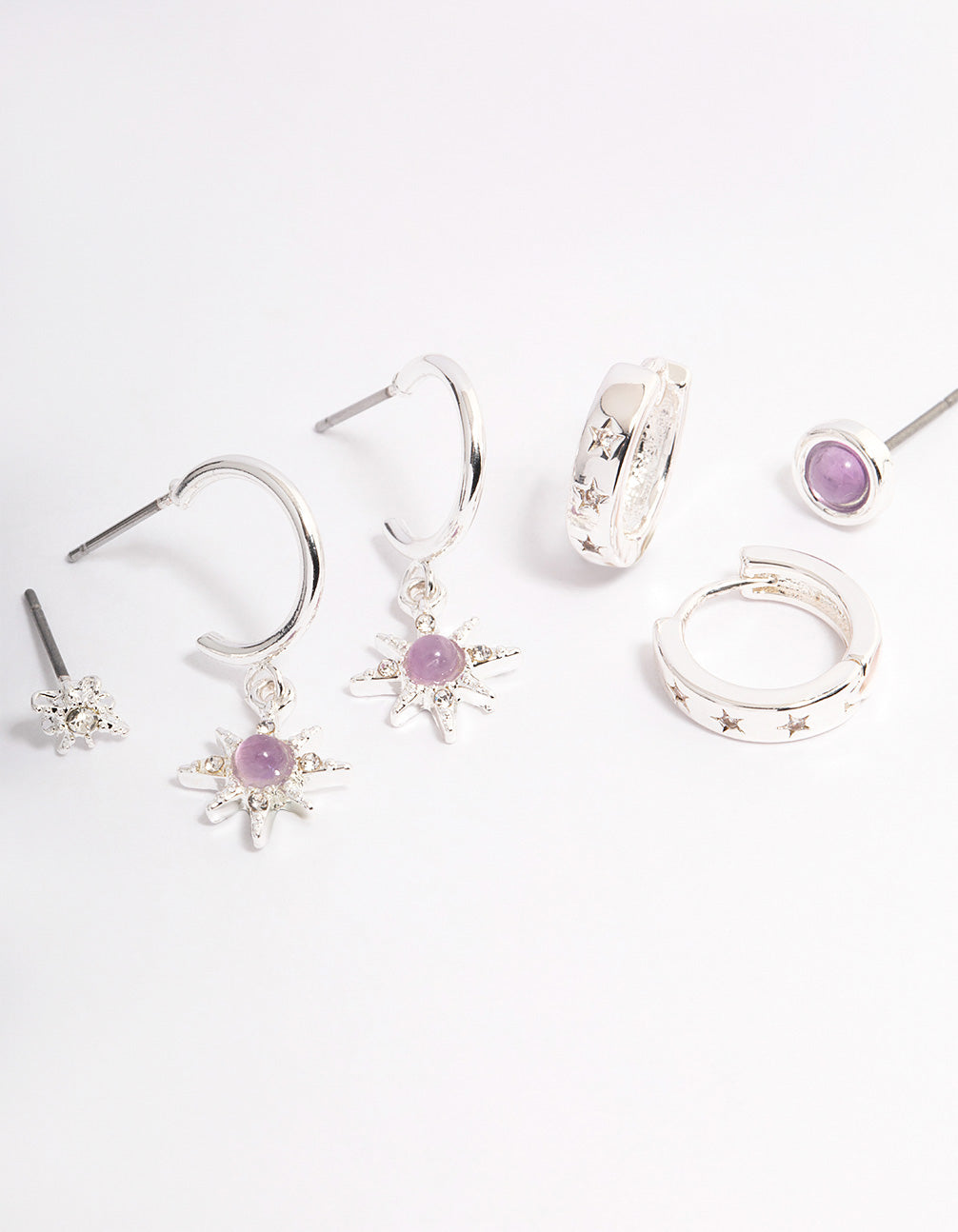Silver Amethyst Starburst Stacker Earrings