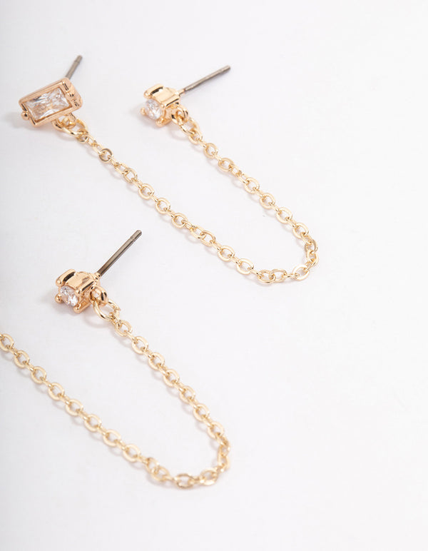 Gold Plated Cubic Zirconia Round & Baguette Chain Earrings