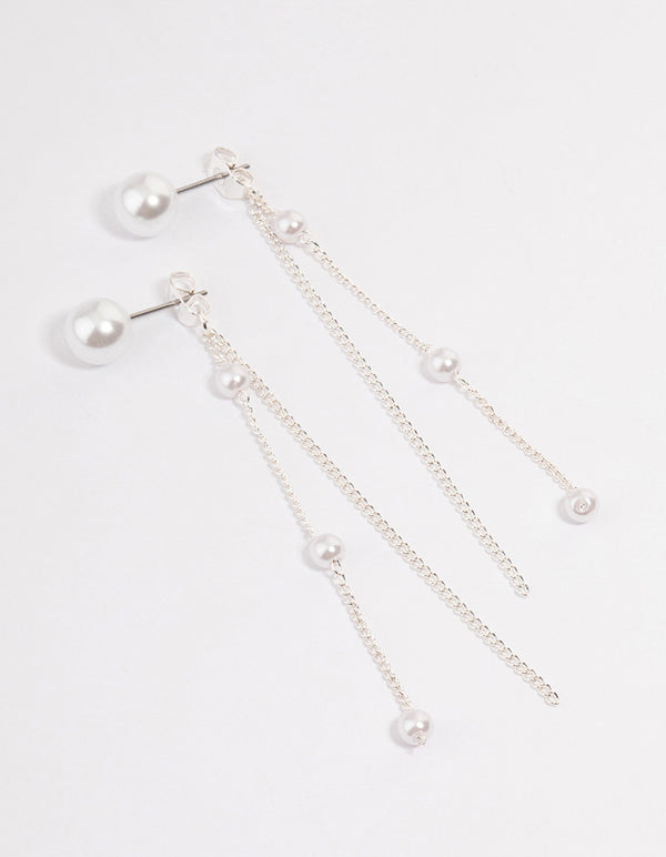 Silver Pearl Cupchain Sandwich Drop Earrings