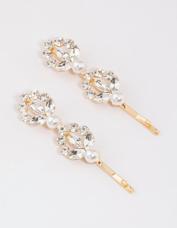 Gold Diamante & Pearl Hair Clips Pack