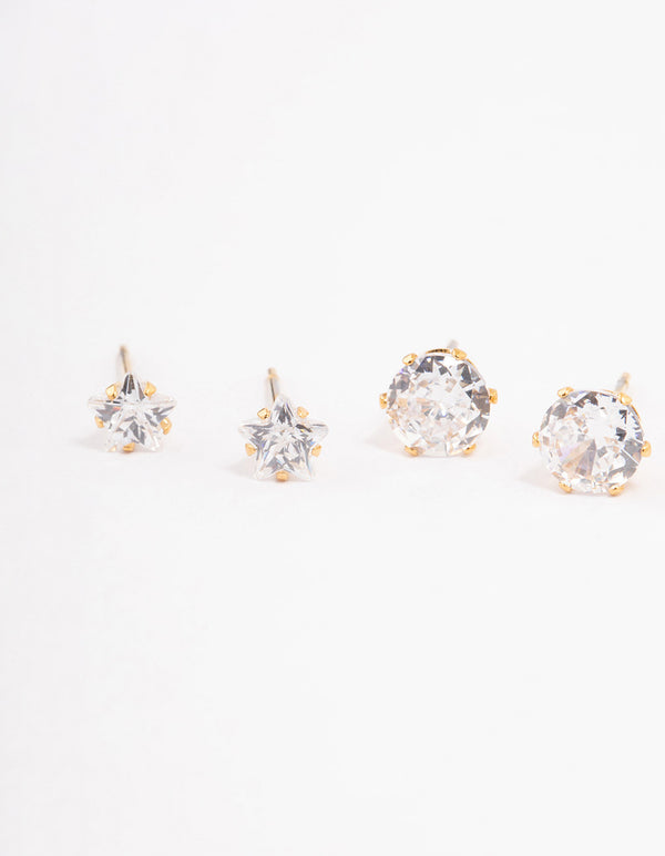 Waterproof Gold Plated Stainless Steel Star & Heart Stud Earrings Pack