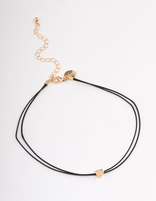 Gold Mini Heart Black Cord Choker