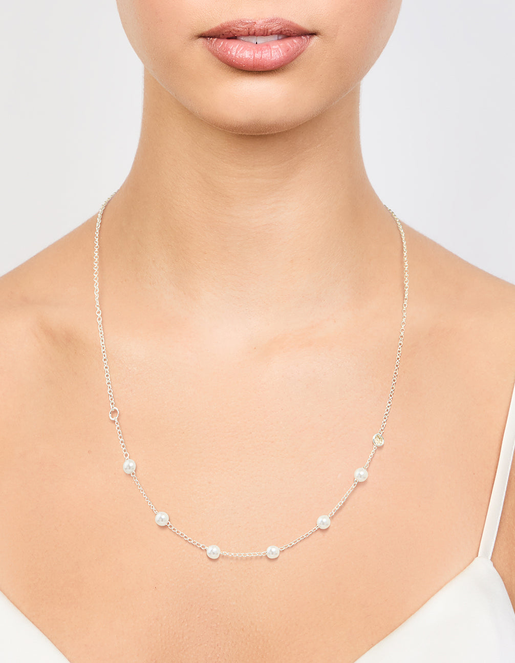 Silver Dainty Pearl Station Necklace