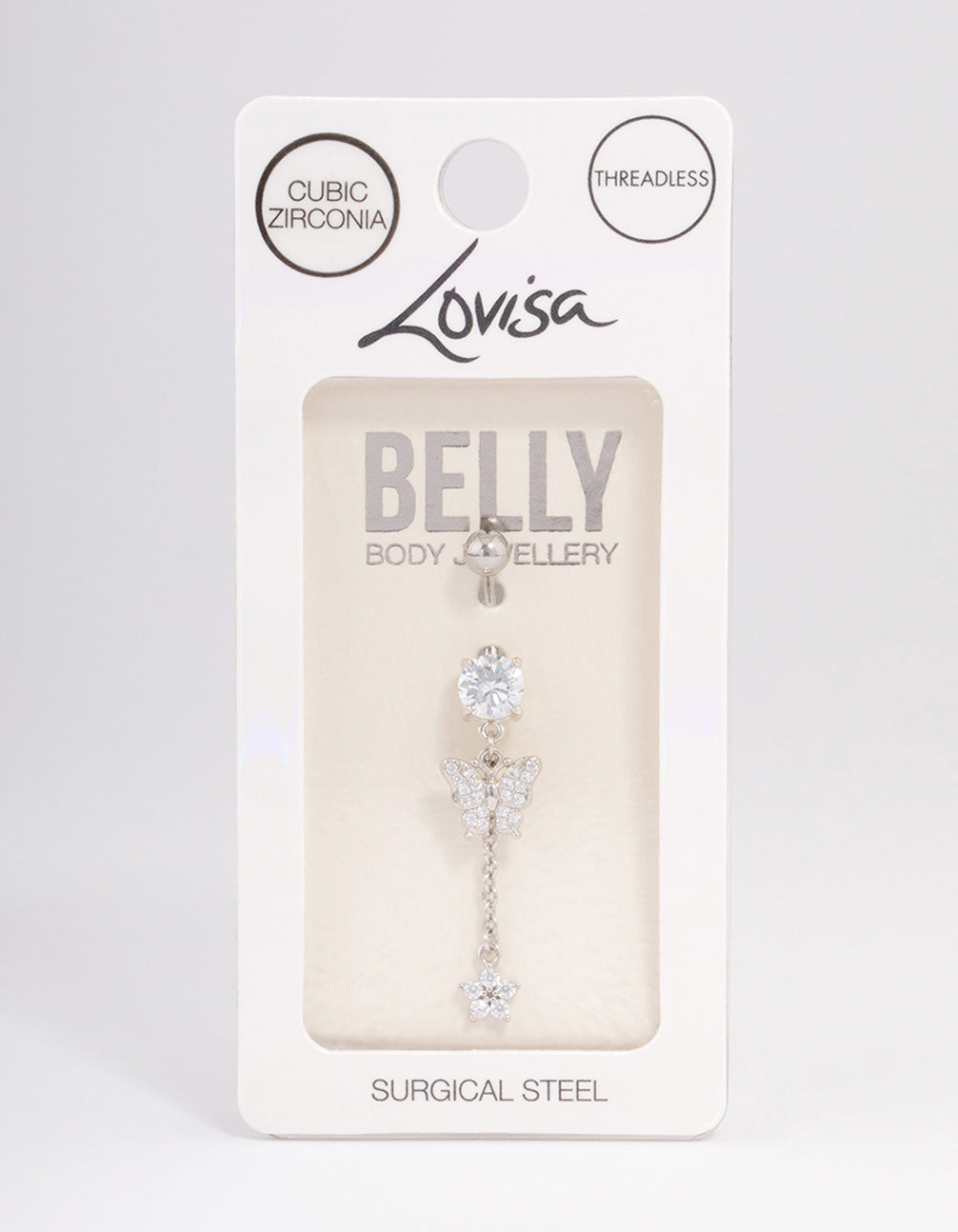 Surgical Steel Cubic Zirconia Butterfly Chain Belly Ring
