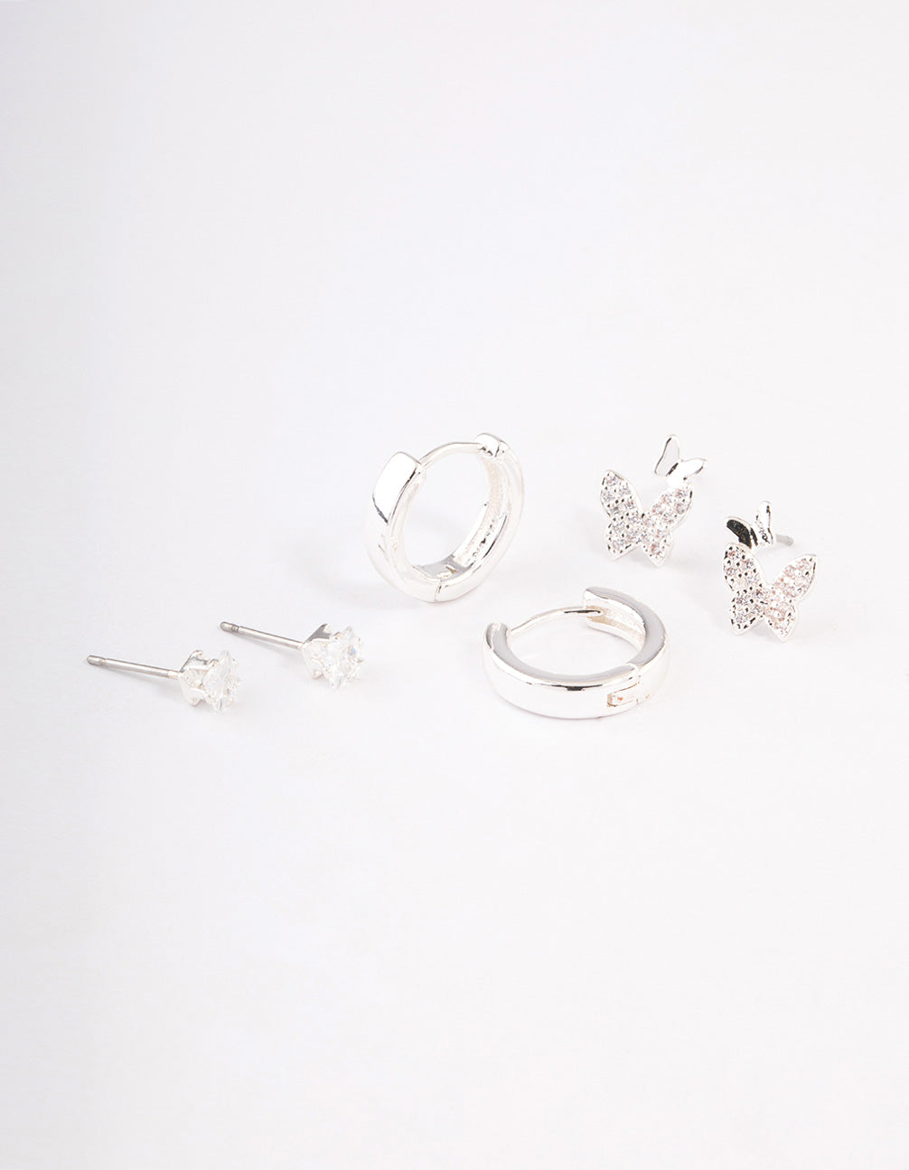 Silver Plated Brass  Cubic Zirconia Double Butterfly Earring Pack
