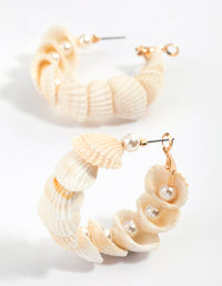 Gold Genuine Shell Nestled Pearl Hoop Earrings - link has visual effect only