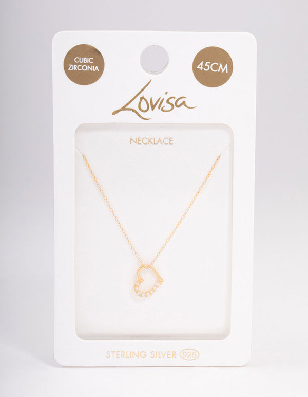 Gold Plated Sterling Silver Cubic Zirconia Half Paved Heart Necklace