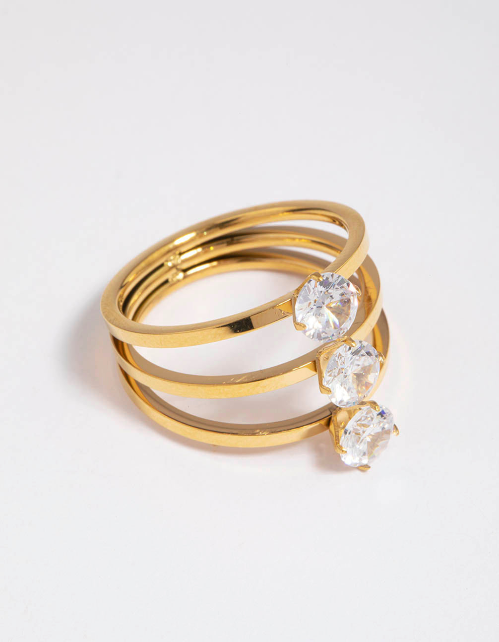 Waterproof Gold Plated Stainless Steel Cubic Zirconia Triple Tier Ring