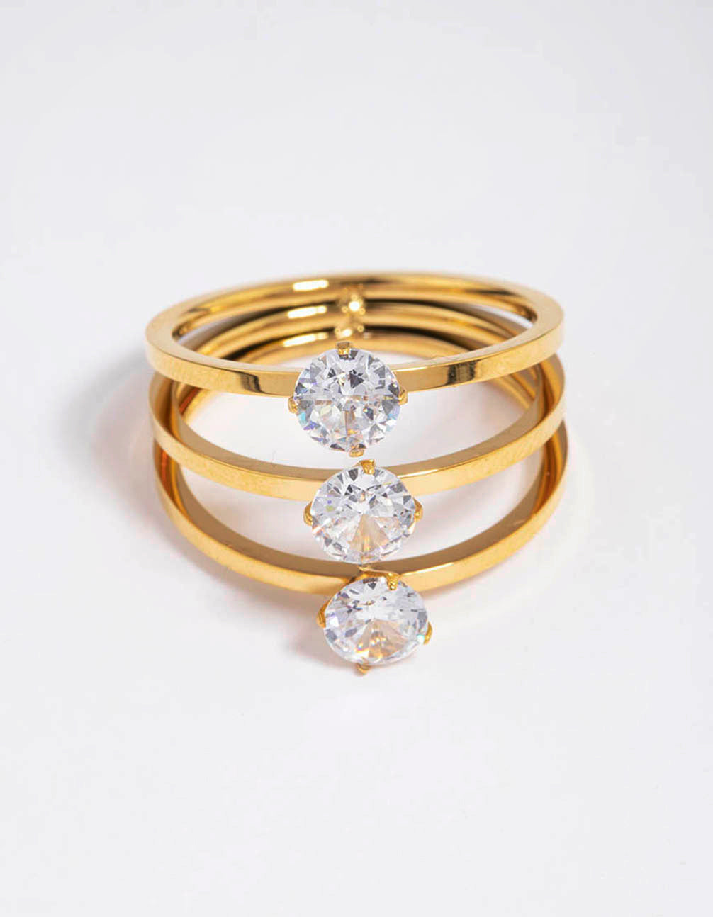 Waterproof Gold Plated Stainless Steel Cubic Zirconia Triple Tier Ring