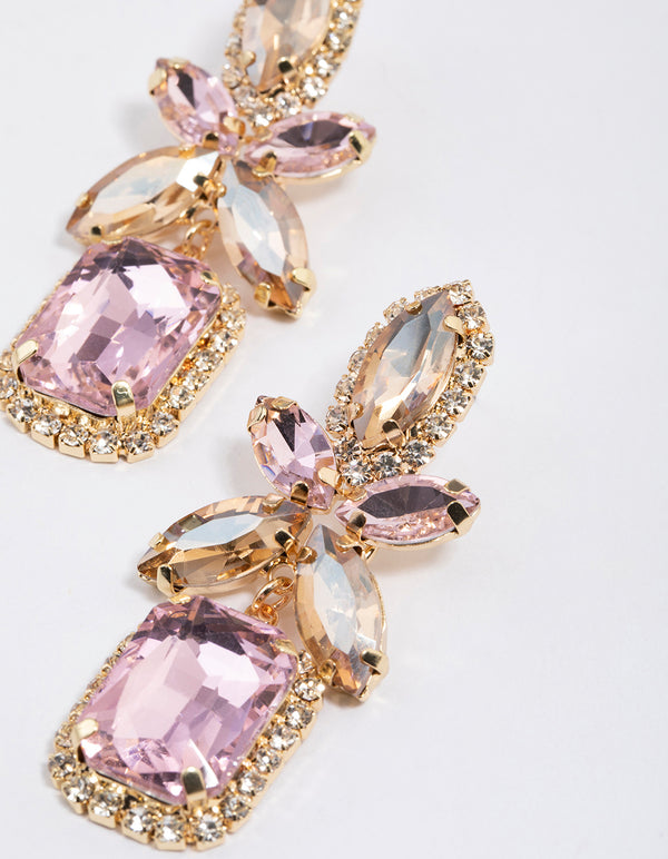 Gold Mixed Oval Stone Square Drop Earrings