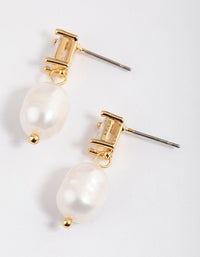 Gold Plated Cubic Zirconia Baguette & Freshwater Pearl Drop Earrings - link has visual effect only