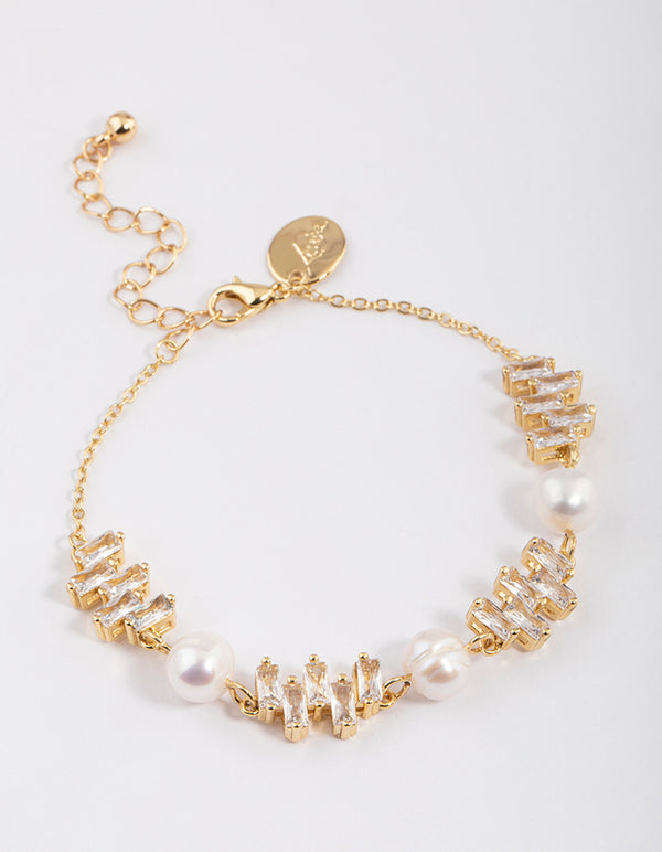 Gold Plated Cubic Zirconia Offset Baguette Freshwater Pearl Bracelet