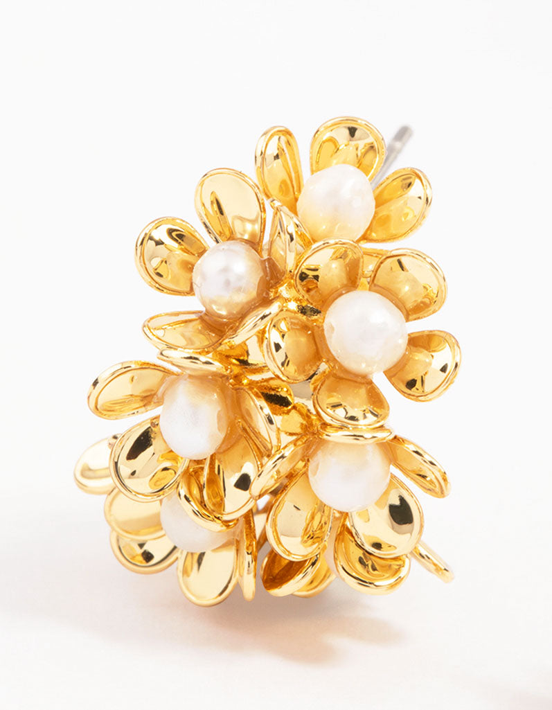 Gold Plated Freshwater Pearl Flower Hoop Earrings