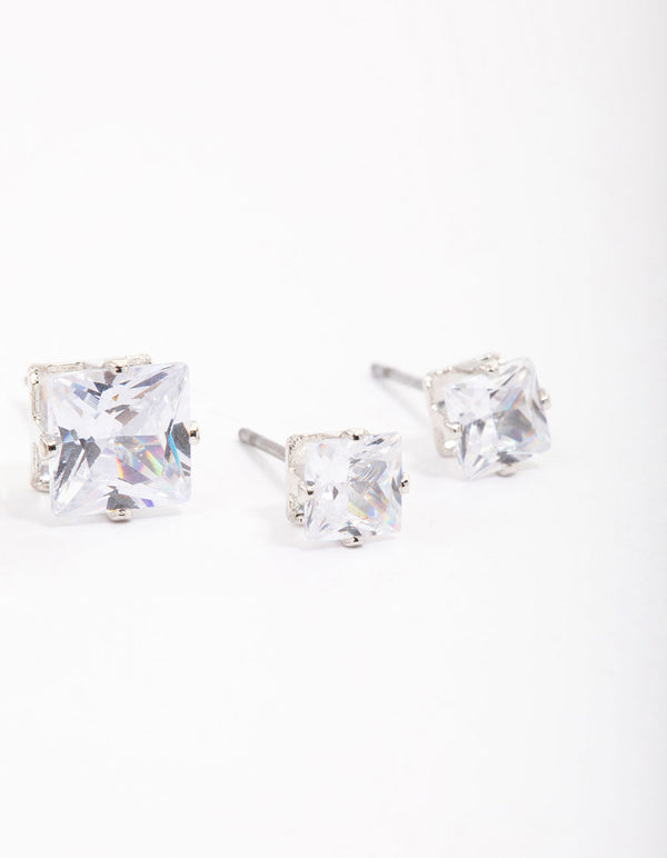 Silver Cubic Zirconia Square Graduated Earrings Pack