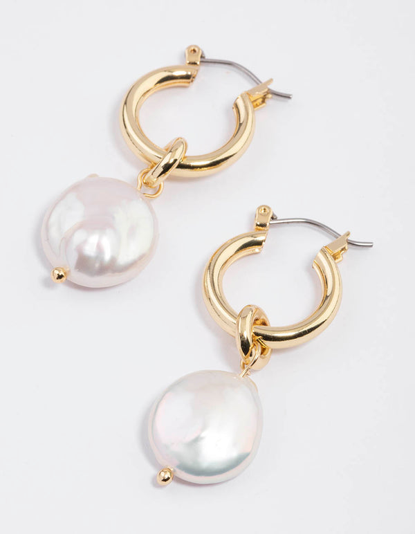 Gold Plated Classic Freshwater Pearl Disc Hoop Earrings