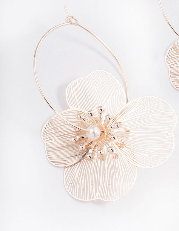 Rose Gold Metalic Flower Hoop Earrings