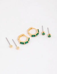 Gold Plated Brass Baguette Huggie Gold Ball Earrings 6-Pack - link has visual effect only