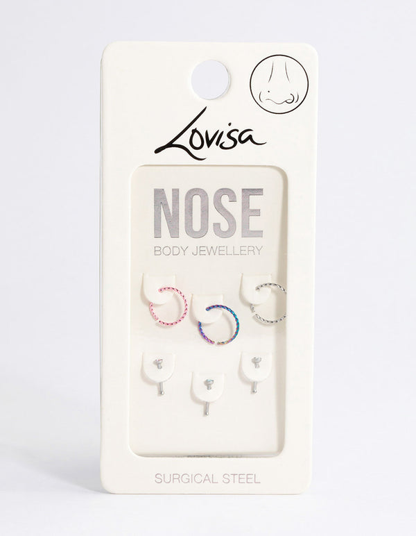 Surgical Steel Cubic Zirconia Nose Stud 6-Pack