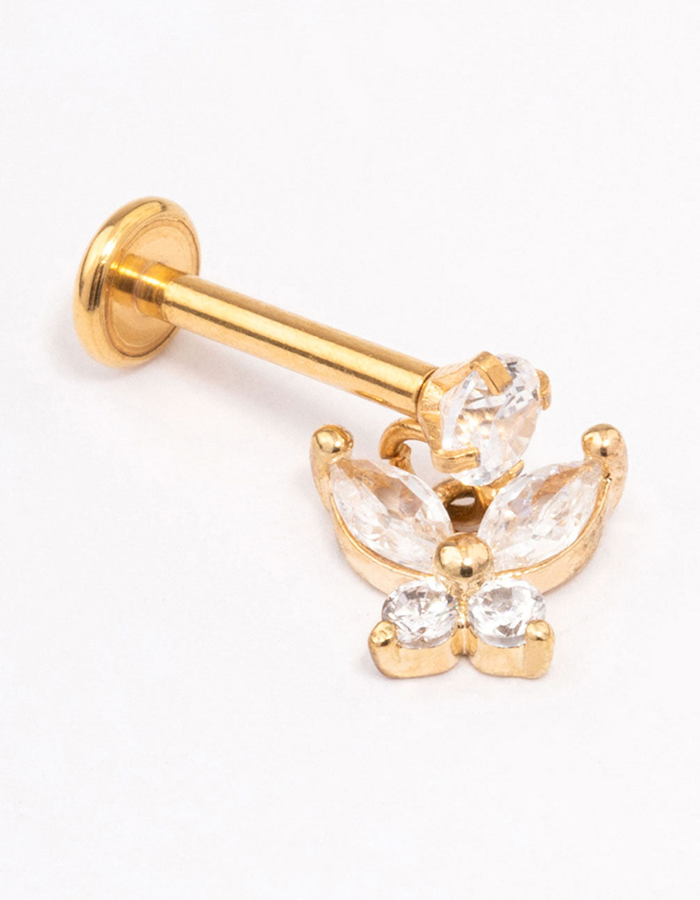 Gold Plated Titanium Cubic Zirconia Butterfly Drop Flat Back