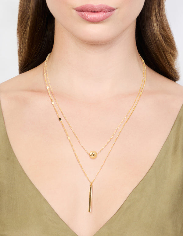 Gold Bar & Ball Double Chain Short Necklace