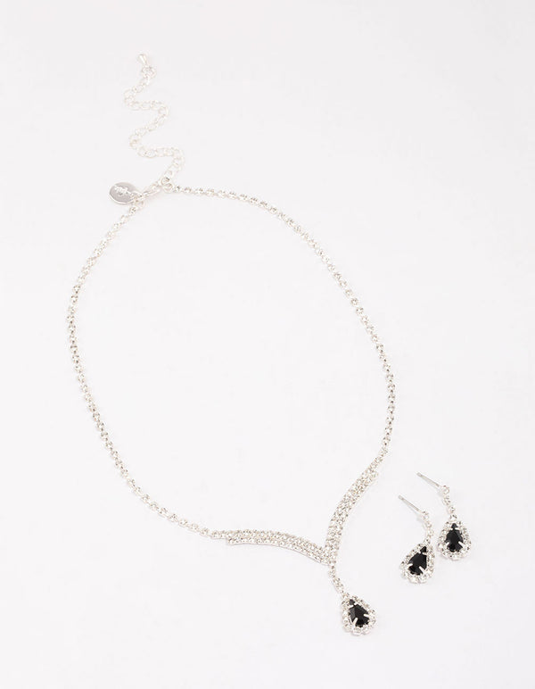 Silver Diamante Stone Long Earrings & Necklace Set