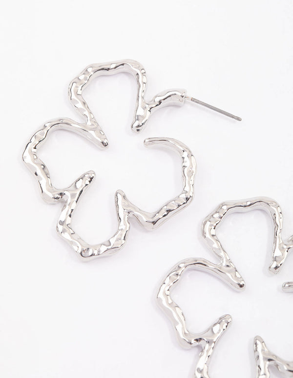 Silver Large Hammered Flower Hoop Earrings