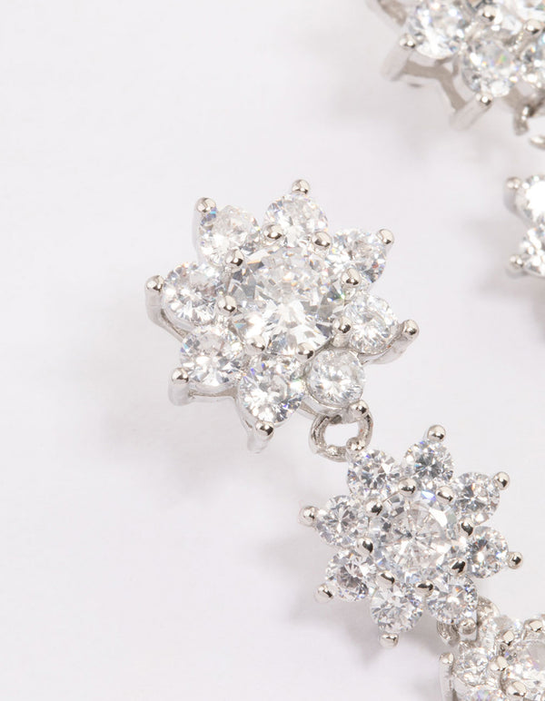 Silver Cubic Zirconia Drop Flower Earrings