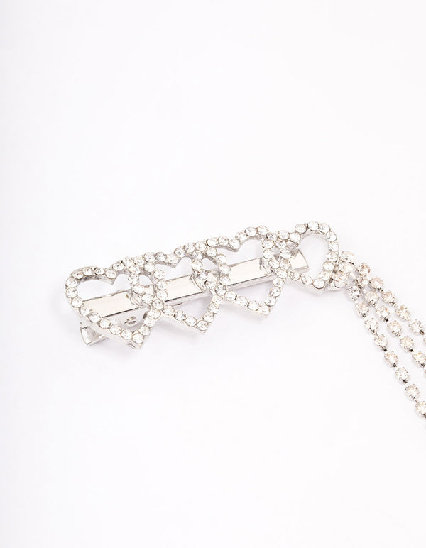 Silver Heart Diamante Cup Chain Hair Clip