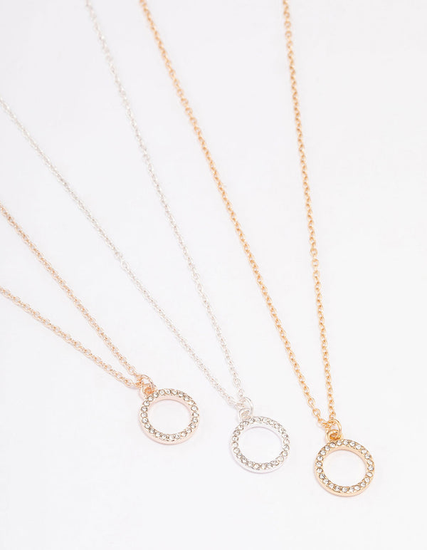 Mixed Metal Diamante Open Circle Necklace 3-Pack