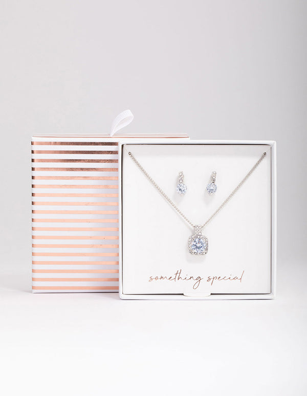 Silver Square Halo Jewellery Set