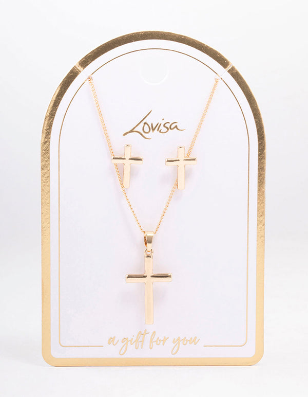 Gold Plain Cross Jewellery Set